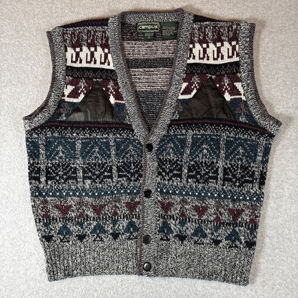VTG CAMPUS Sleeveless Sweater Vest Cardigan 100% Acrylic W/ Leather Patches 60s